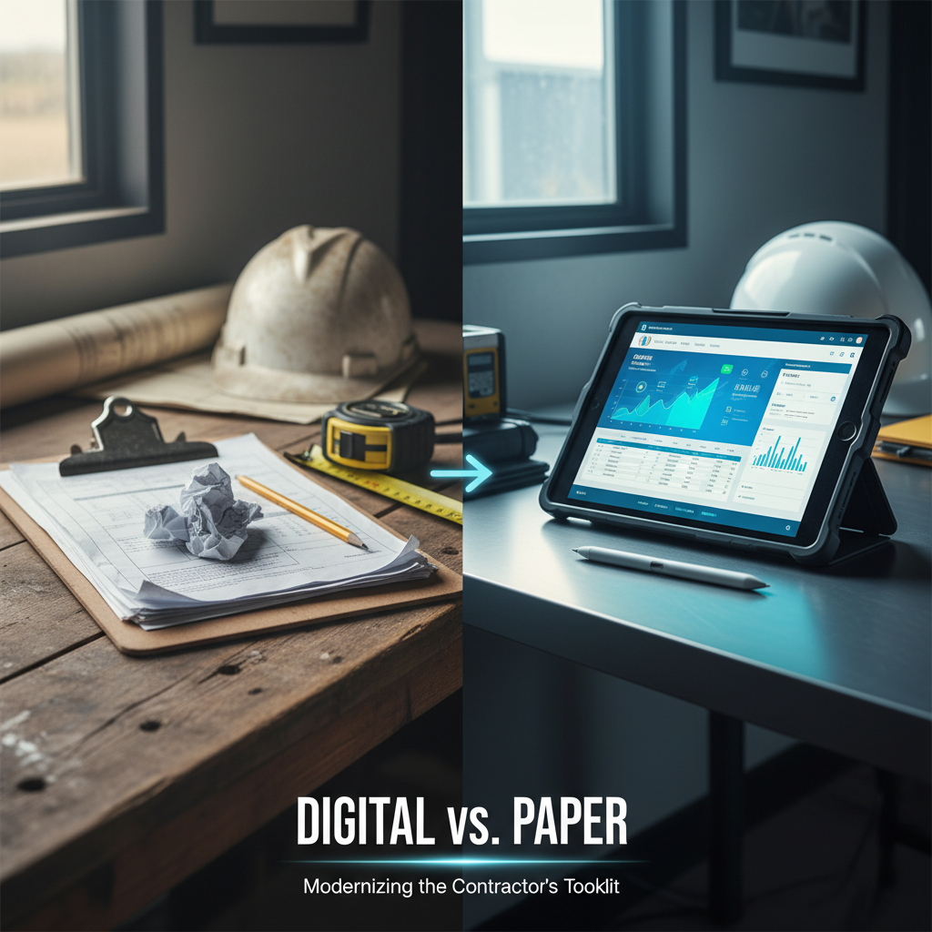 I want an image that represents this blog post title: Digital vs. Paper: Why Modern Contractors Are Ditching the Clipboard for Software