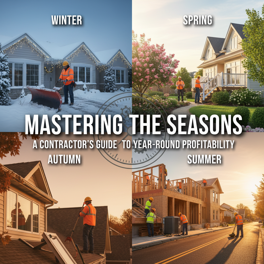 create an image that represents this blog post: Mastering the Seasons: A Contractor’s Guide to Year-Round Profitability