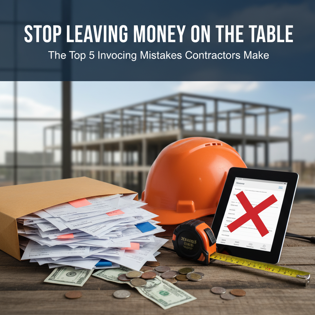 Create an image that represents this blog title: Stop Leaving Money on the Table: The Top 5 Invoicing Mistakes Contractors Make